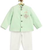 Green plain viscose bandhgala Set