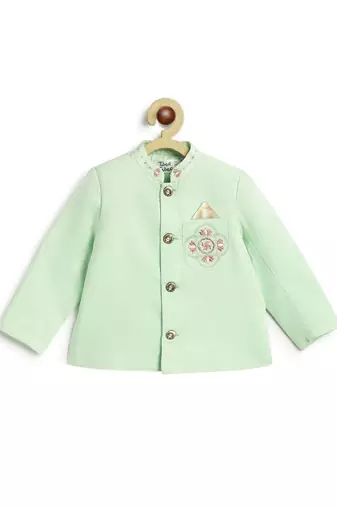 Green plain viscose bandhgala Set