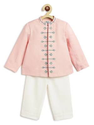 Pink embroidered viscose bandhgala Set 2