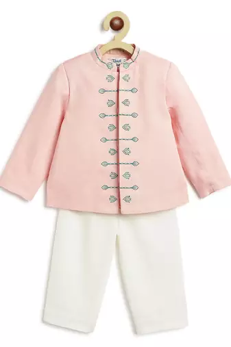 Pink embroidered viscose bandhgala Set