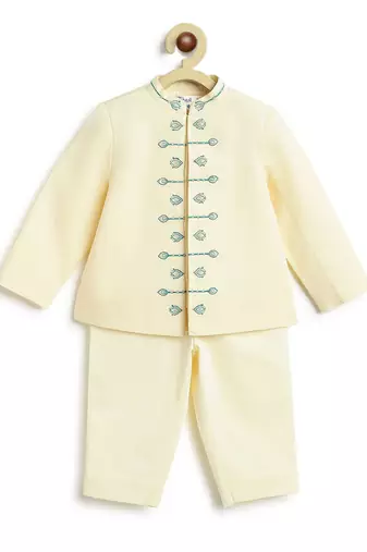 Cream embroidered viscose bandhgala Set