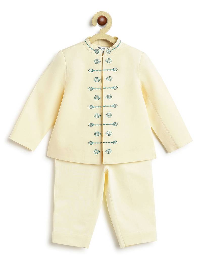 Cream embroidered viscose bandhgala Set