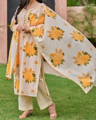 Floral embroidered yellow round neck  cotton kurta with trouser & dupatta set 1