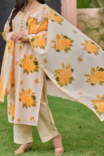 Floral embroidered yellow round neck pure cotton kurta with trouser & dupatta set