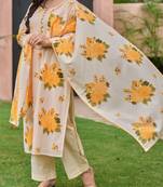 Floral embroidered yellow round neck pure cotton kurta with trouser & dupatta set
