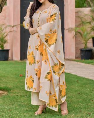 Floral embroidered yellow round neck  cotton kurta with trouser & dupatta set 2