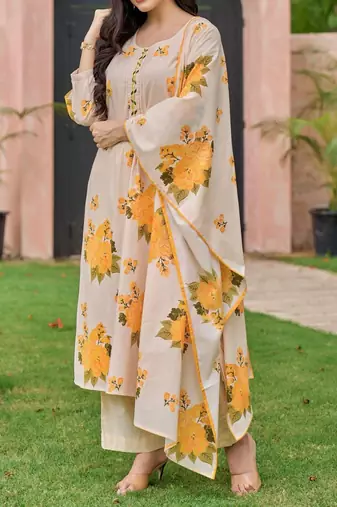 Floral embroidered yellow round neck  cotton kurta with trouser & dupatta set