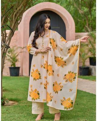 Floral embroidered yellow round neck  cotton kurta with trouser & dupatta set 3