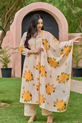 Floral embroidered yellow round neck  cotton kurta with trouser & dupatta set