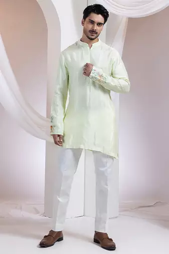 Light green embroidered silk kurta set
