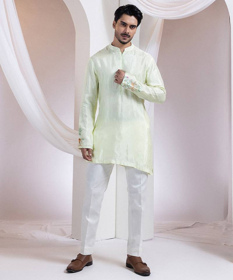 Light green embroidered silk kurta set