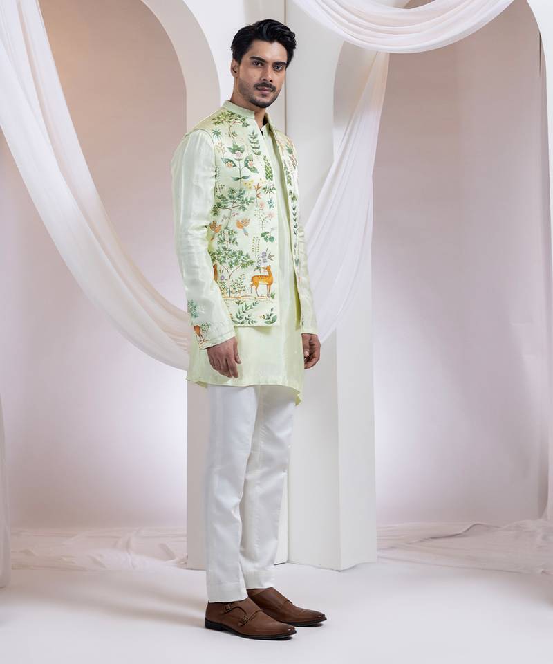 Light green embroidered satin nehru jacket