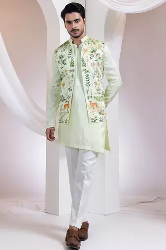 Light green embroidered satin nehru jacket