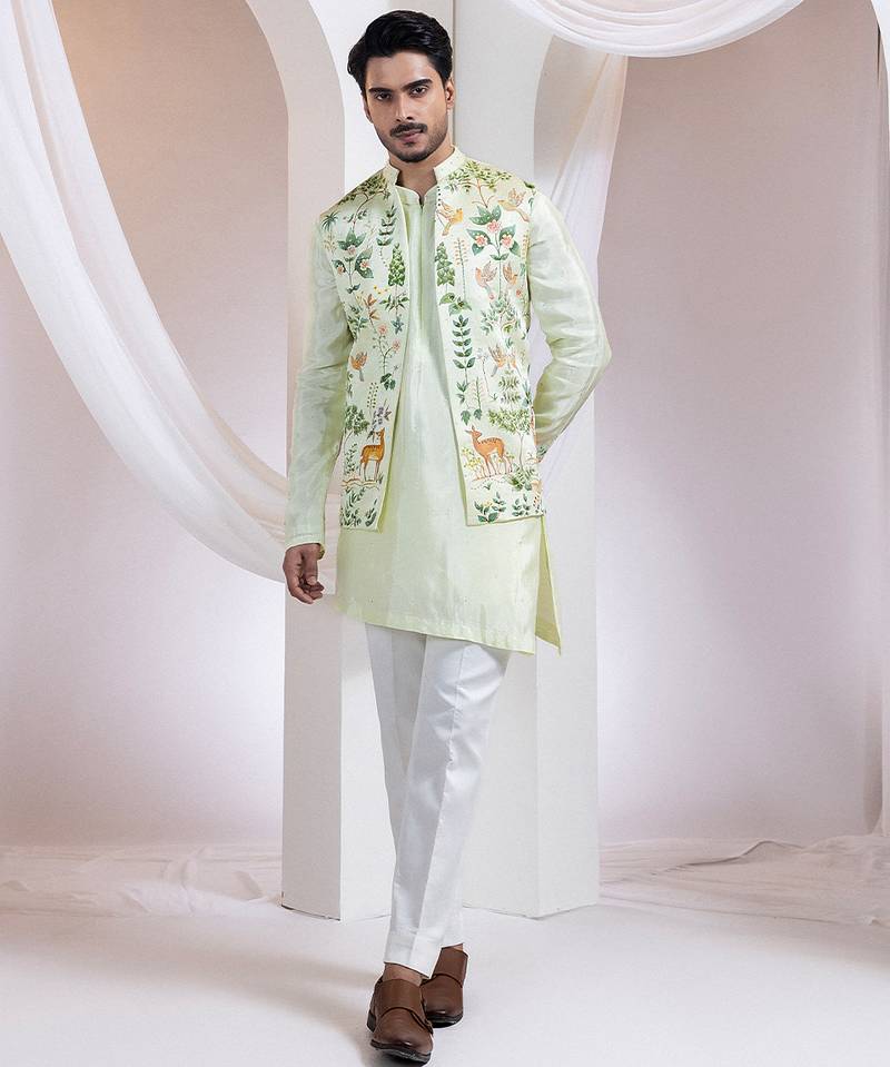Light green embroidered satin nehru jacket