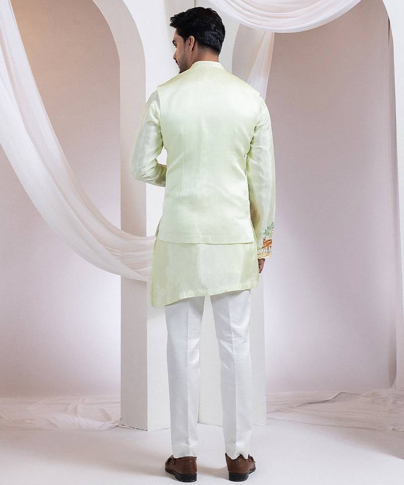Light green embroidered satin nehru jacket