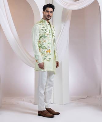 Light green embroidered silk nehru jacket set 2