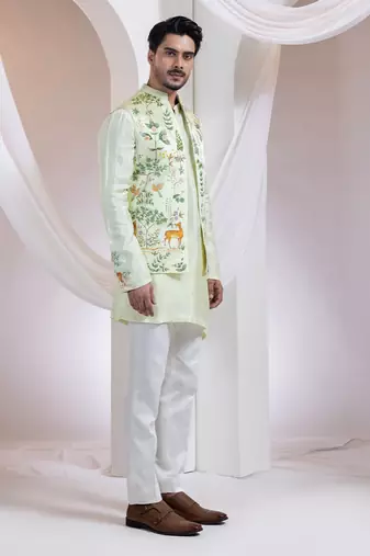 Light green embroidered silk nehru jacket set