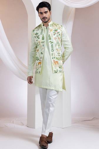 Light green embroidered silk nehru jacket set