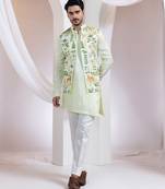 Light green embroidered silk nehru jacket set