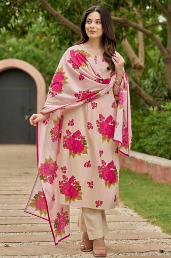Floral embroidered pink round neck pure cotton kurta with trouser & dupatta set