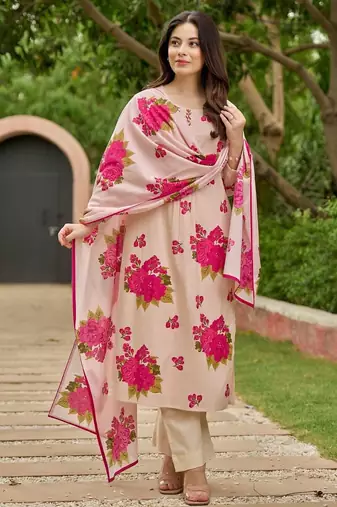 Floral embroidered pink round neck pure cotton kurta with trouser & dupatta set