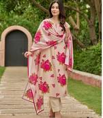 Floral embroidered pink round neck pure cotton kurta with trouser & dupatta set
