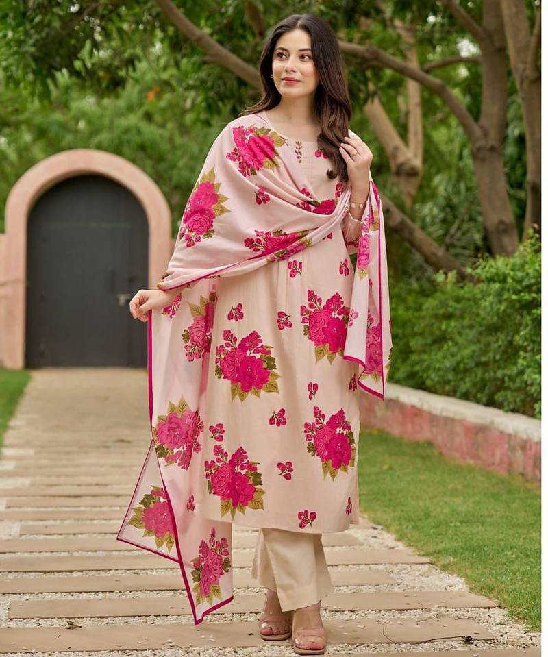 Floral embroidered pink round neck pure cotton kurta with trouser & dupatta set