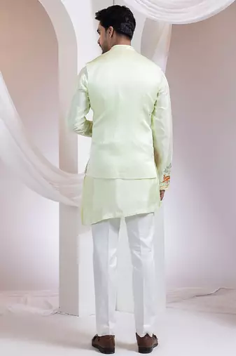 Light green embroidered silk nehru jacket set