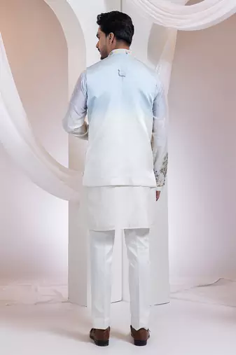 Blue embroidered satin nehru jacket
