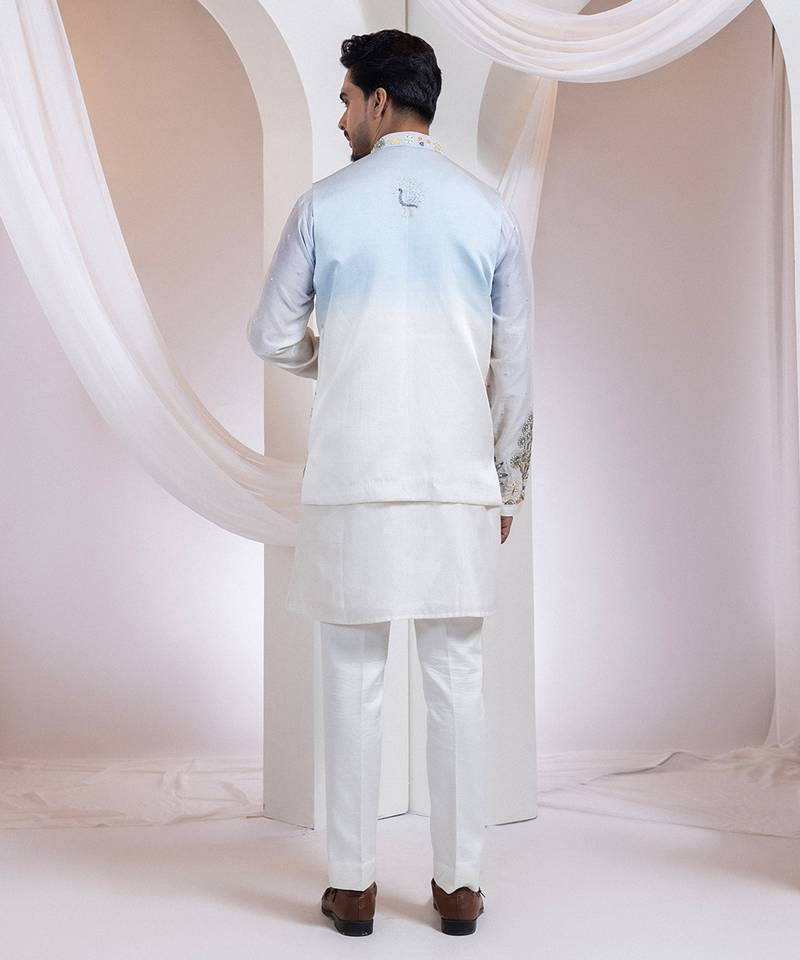 Blue embroidered satin nehru jacket