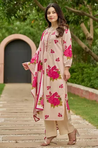 Floral embroidered pink round neck  cotton kurta with trouser & dupatta set