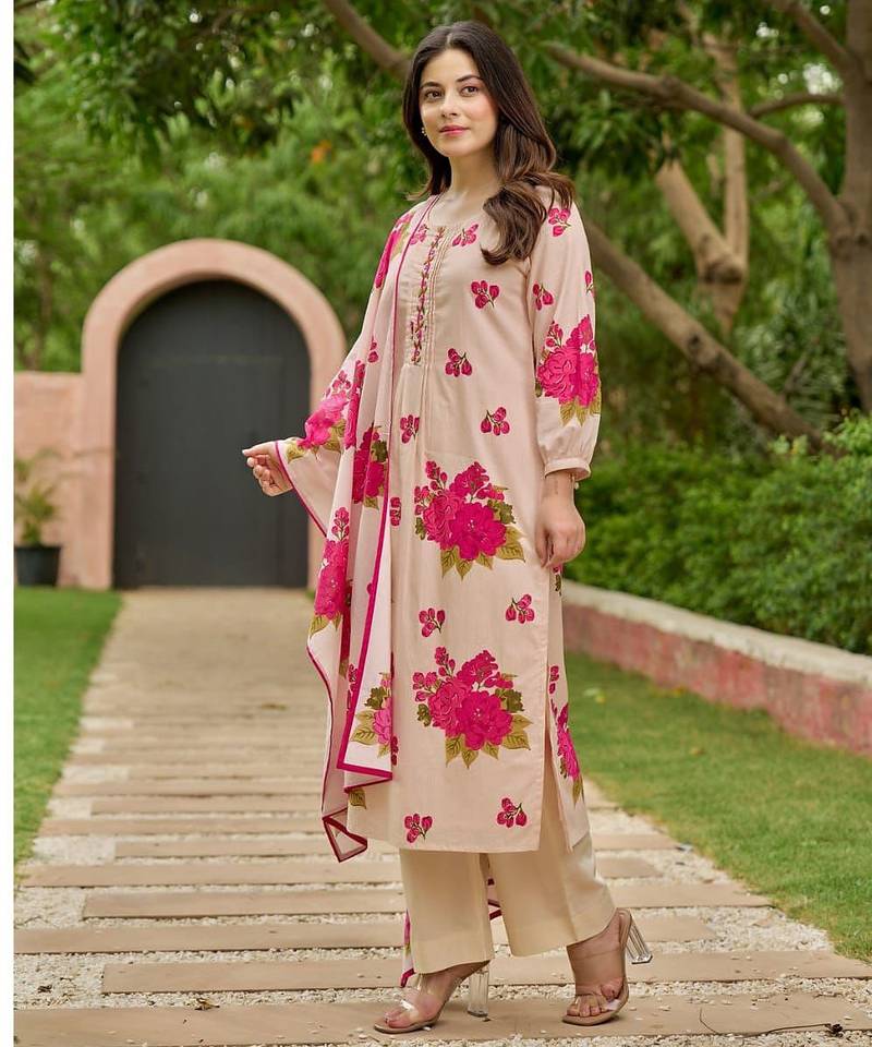 Floral embroidered pink round neck pure cotton kurta with trouser & dupatta set