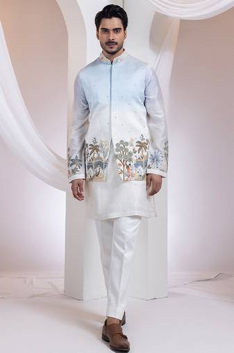 Blue embroidered satin nehru jacket