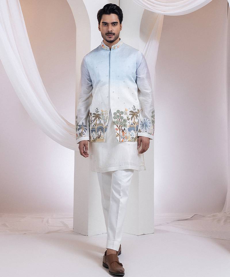 Blue embroidered satin nehru jacket