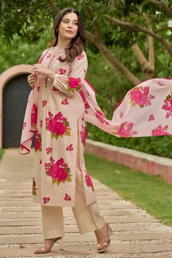 Floral embroidered pink round neck  cotton kurta with trouser & dupatta set