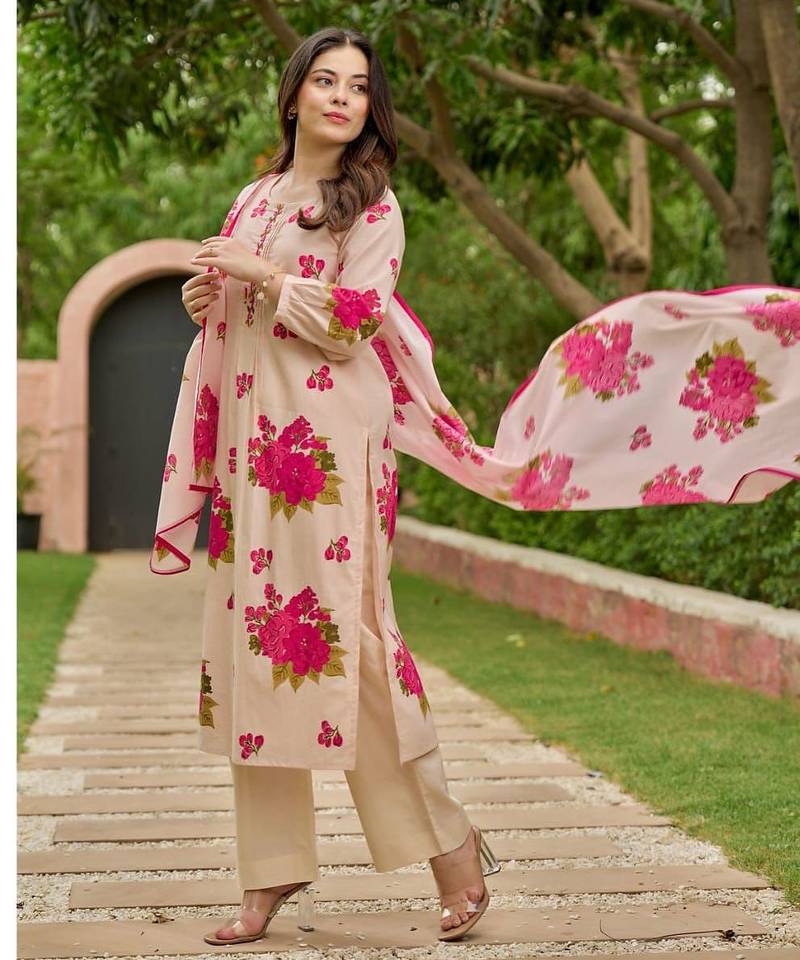 Floral embroidered pink round neck pure cotton kurta with trouser & dupatta set