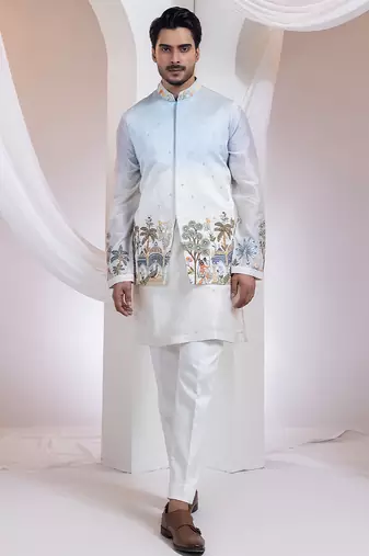 Blue embroidered chanderi nehru jacket set