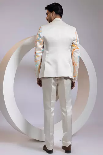 Off white embroidered satin blazer set