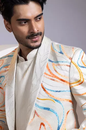 Off white embroidered satin blazer set