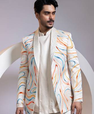 Off white embroidered satin blazer set 4