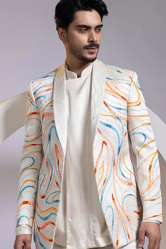 Off white embroidered satin blazer set