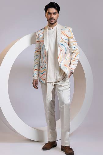 Off white embroidered satin blazer set
