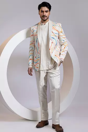 Off white embroidered satin blazer set