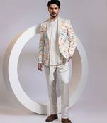 Off white embroidered satin blazer set
