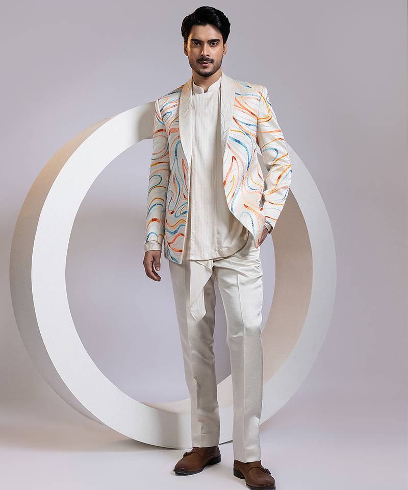 Off white embroidered satin blazer set