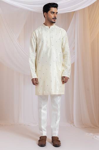 Off white printed silk kurta set