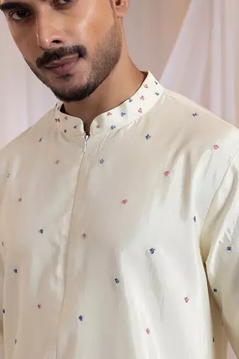 Off white printed silk kurta set