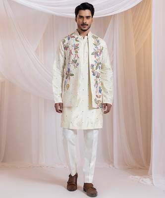 Off white embroidered satin nehru jacket 1