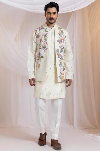 Off white embroidered satin nehru jacket