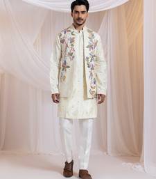 Off white embroidered satin nehru jacket